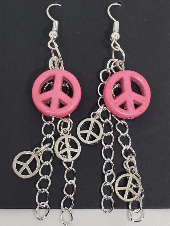 Handmade Jewelry - Handmade Pink Silver Metal Peace Chain Dangle Earrings